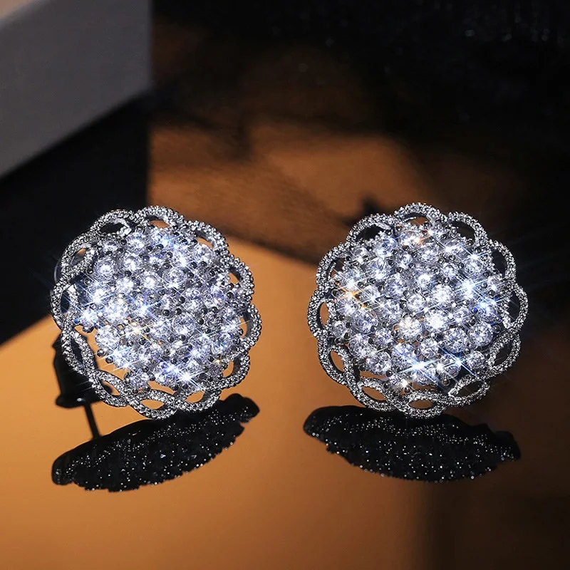 

Gorgeous Elegant Flower Shape Big Round Stud Earring Brilliant CZ Stone Female Wedding Earrings Jewelry Classic Earring