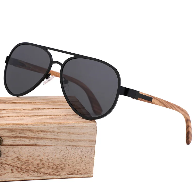 

2022 New Arrivals Wooden Eyewear Stainless steel Frame Bulk Wood Temple Pilot Sunglasses Polarized Custom