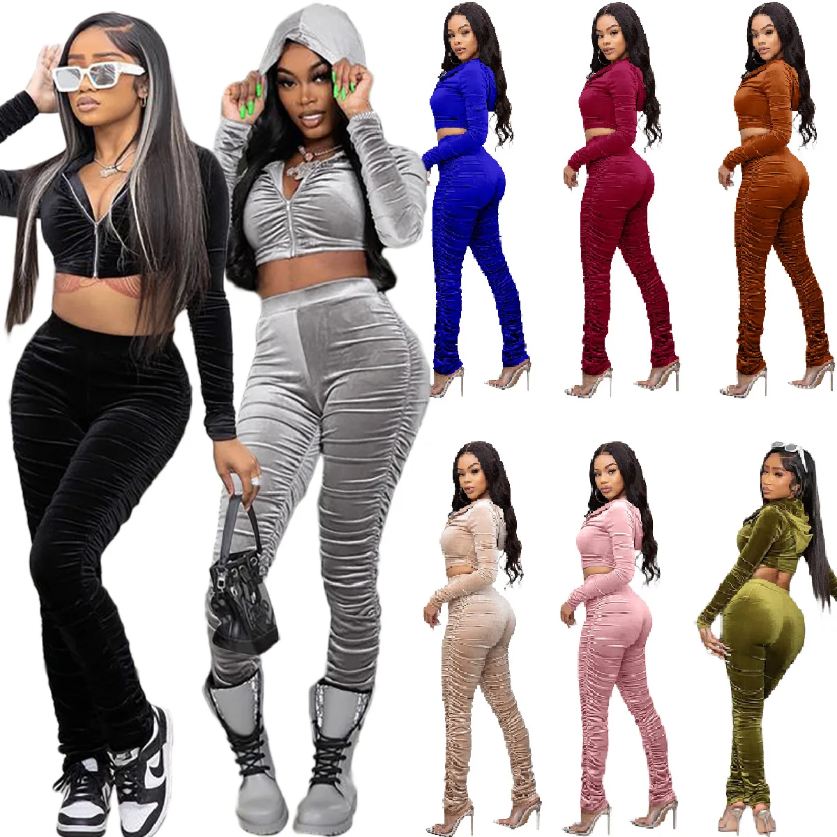 

2021 Crop Tops Velvet 2 Piece Hood Pants Set Coats Jackets Velvet Velour Tracksuits Sexy Two Piece Pant Stacked Joggers Set