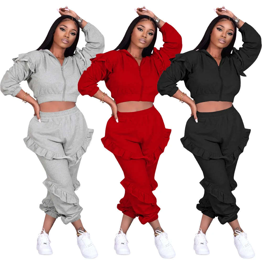 

Latest design fall casual long sleeve solid Crop Top Leisure 2 Piece Set Women pants set two piece set