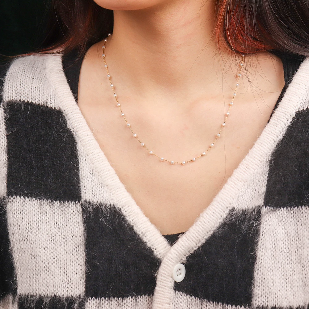 

Chris April 316L Stainless steel PVD plated vintage imitation pearl bead chain choker necklace