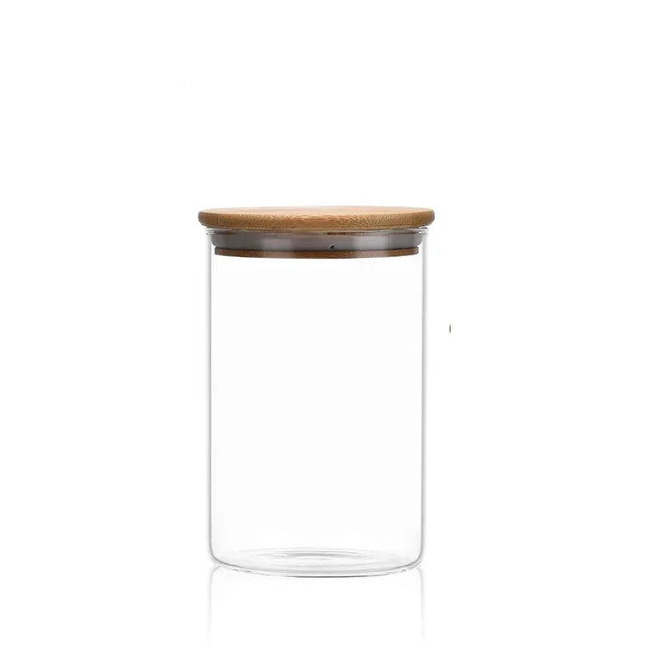 

Customized Transparent Glass Flower Tea Food Storage Canned Wood Cover Sealed Jars with Bamboo Lid