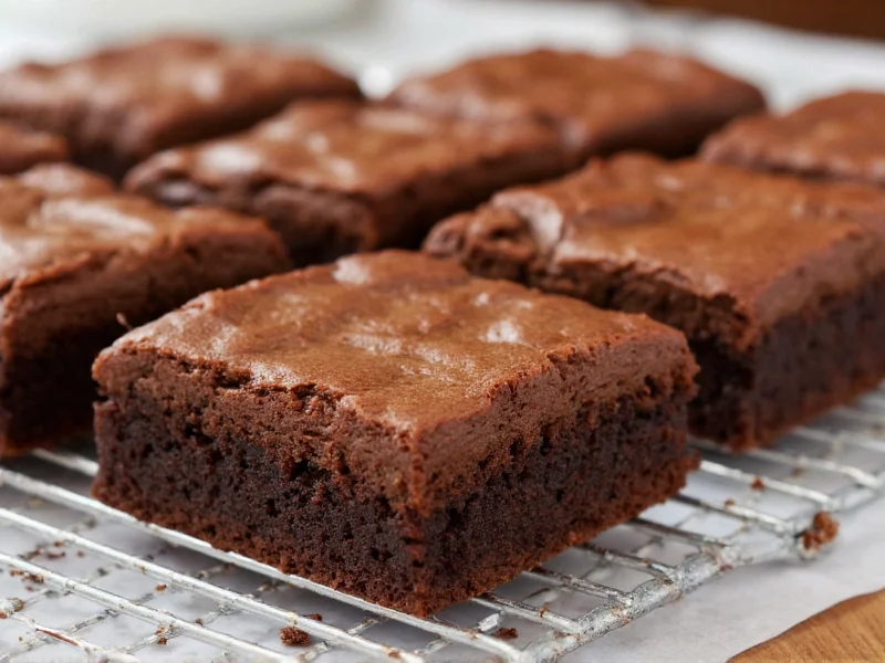 Freshly baked homemade brownies with crackly top on cooling rack