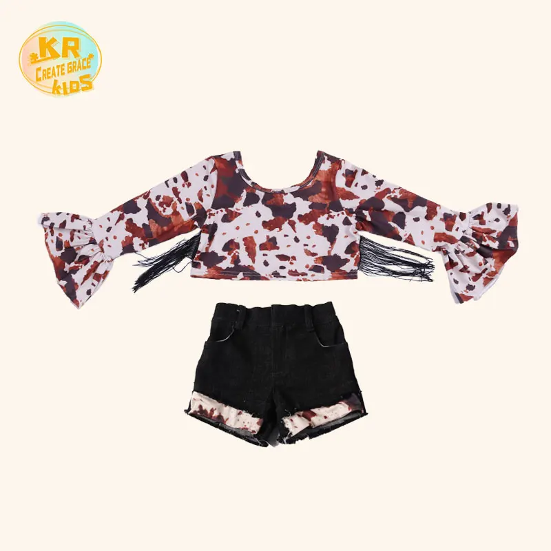 

Child Cow Printed Costumes Baby Kid Girls Clothes Set Summer Ruffle Sleeve t-shirt With Denim Shorts Outfits