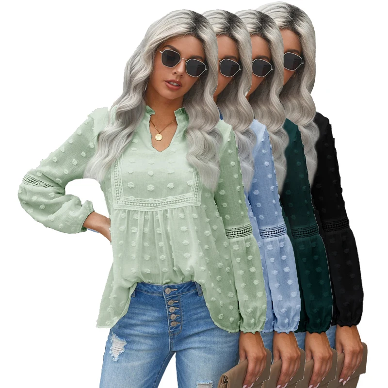 

Wholesale Summer Ladies Elegant Ruffled Split Neck Lace Hollow Out Puff Sleeve Polka Dot Tops Shirts Chiffon Blouse