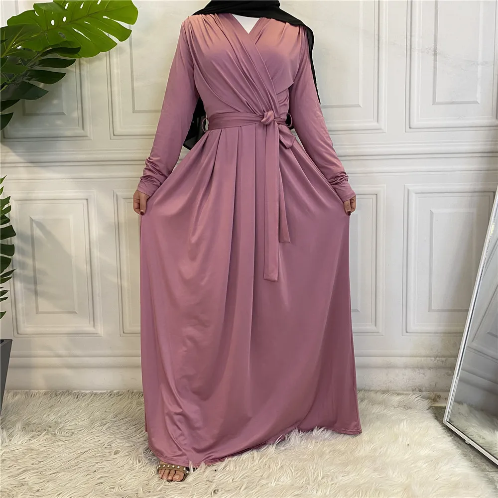 

Elegant and simple Polyester cotton V collar long dress muslim abaya women, Black,red,pink,blue,brown,beige,army green