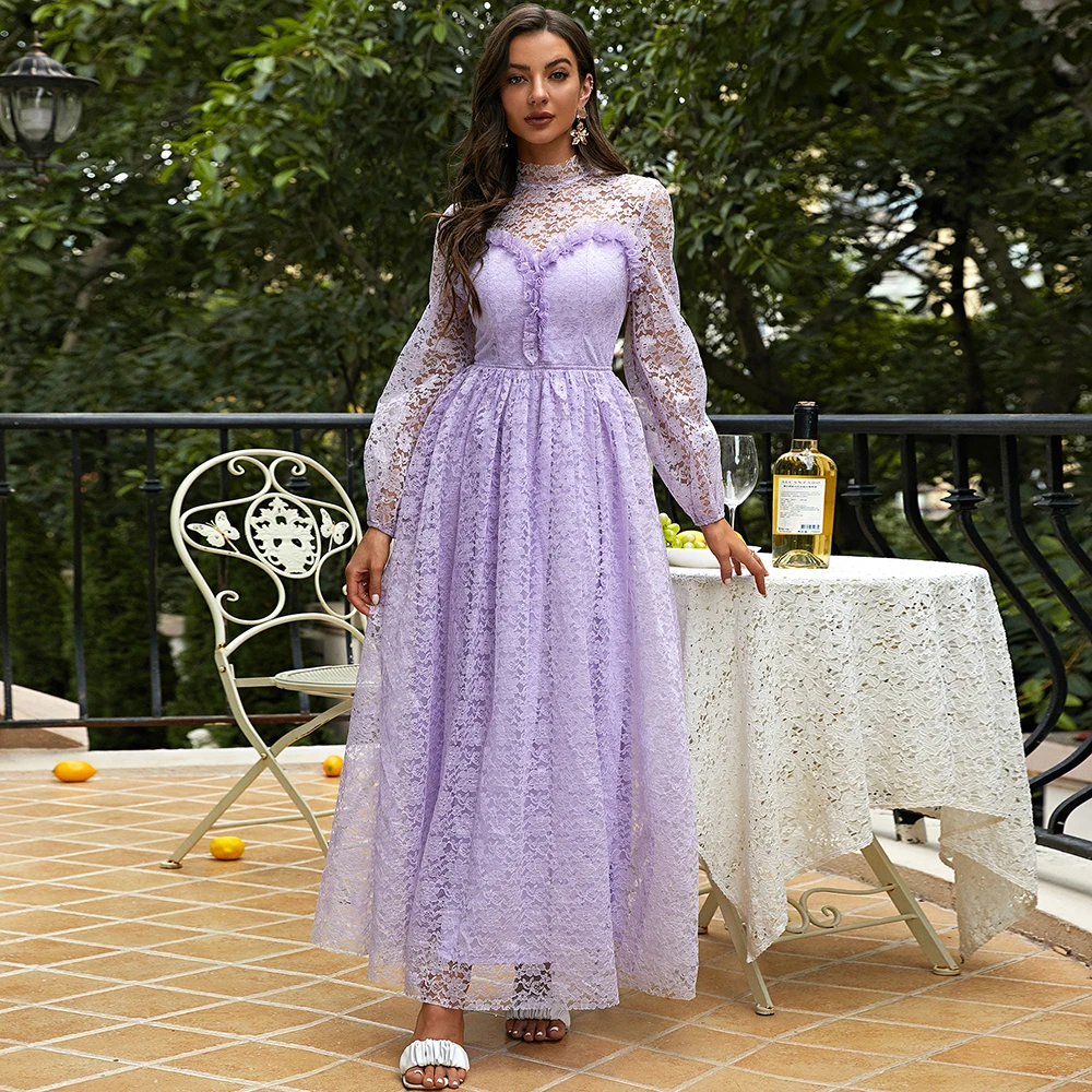 

Missord Lantern Sleeve Frill Trim Lace Formal Aline Casual Dresses
