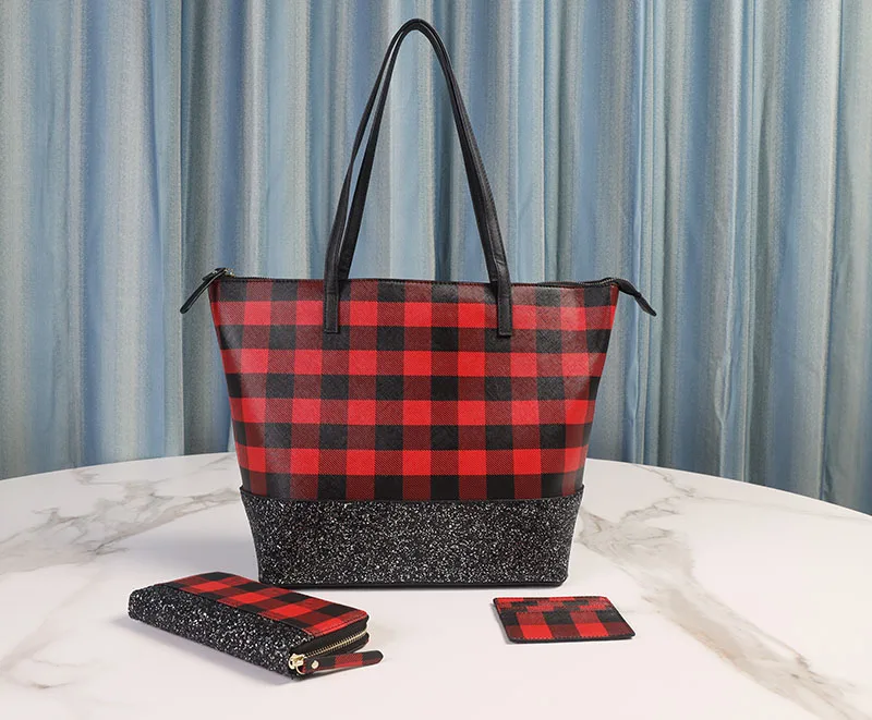 

Free Shipping Designer Glitter Buffalo Plaid Red Purse Set Glitter Handbag Women Purse Large Women Tote Bag, Black,pink,brown,camo,leoprad,sunflower,etc.