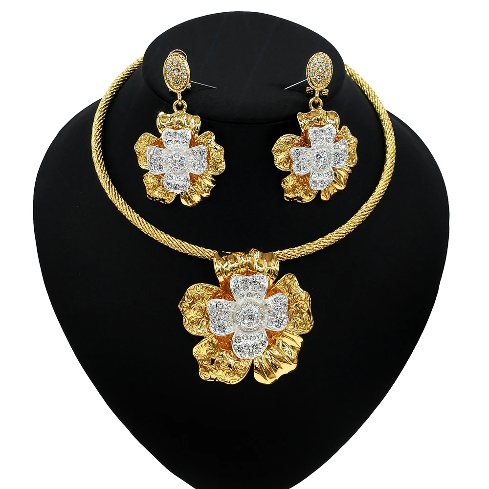 

Yulaili Dubai 24K Gold Plated New Design Jewelry Sets Natraul Crystal Heavy Bridal Wedding Flower Necklace Earrings Jewelry Set