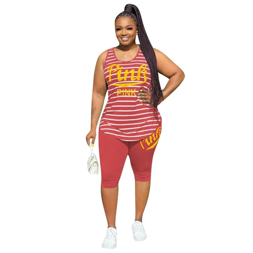 

MT51-1376 Explosive plus size women's fashion striped vest five-point pants two-piece suit