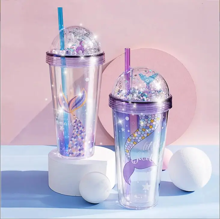 

New Arrival Bpa Free Double Wall Plastic Mermaid Acrylic PS Glitter Tumbler Cup With Dome Lid And Straw, Pink purple