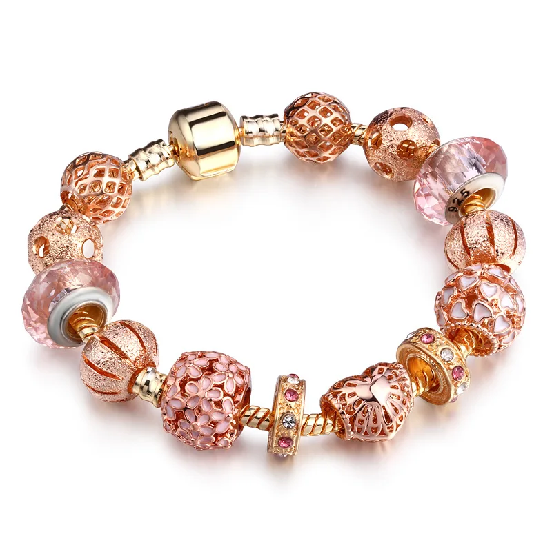 

European Style Exquisite Women Jewelry Rose Gold Plated Heart Charm Glass Beads Bracelet Enamel Flower Austrian Crystal Bracelet