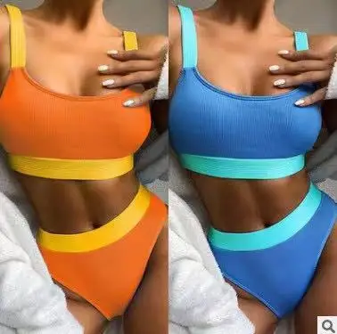 

2021 popular high waist sports color matching swimsuit spoon neck cheeky sexy bikini