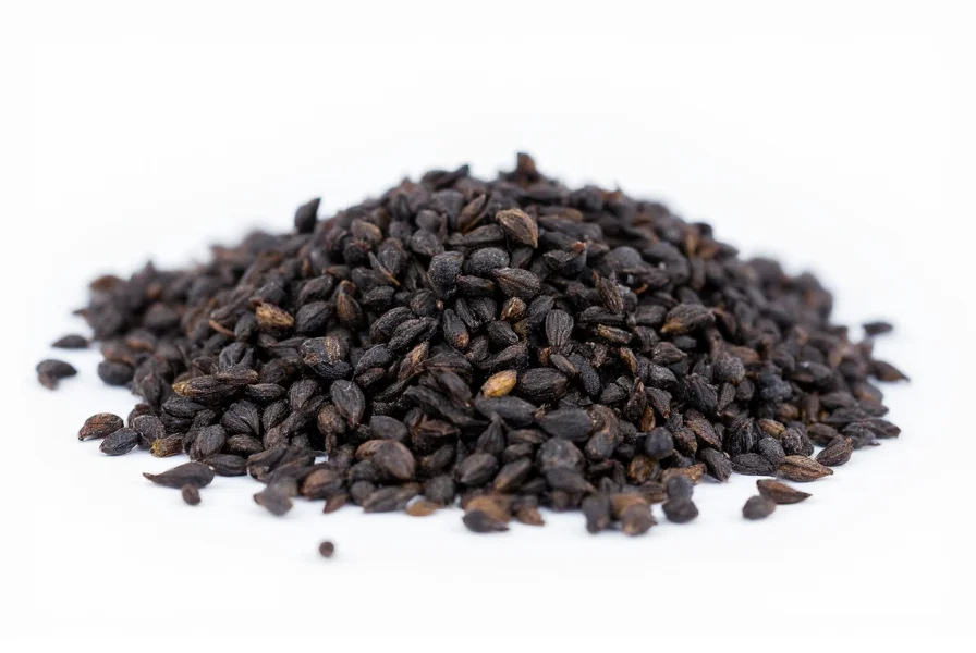 Close-up photograph of black cumin seeds (Nigella sativa) showing their characteristic black, angular appearance against a white background
