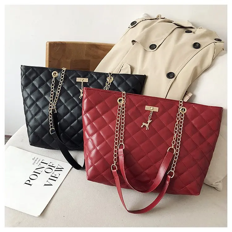 

High Quality Wholesale Big Capacity Deer Plaid Sling Shoulder Chain Quilted Bags Womens Handbags Tote, 4 colors