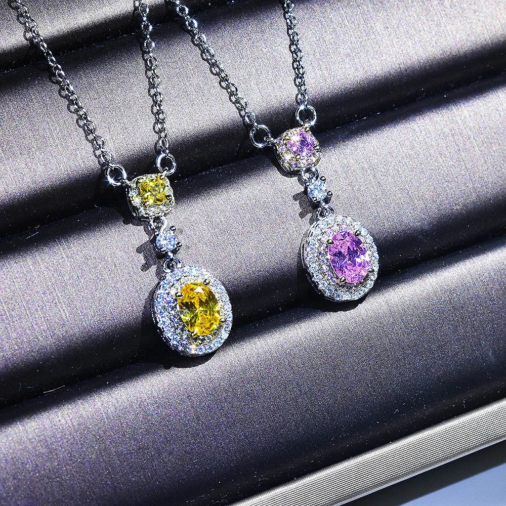 

New Oval Necklace Luxury Pink Crystal Gemstone Pendant For Women Silver Jewelry Christmas Gift, Picture shows