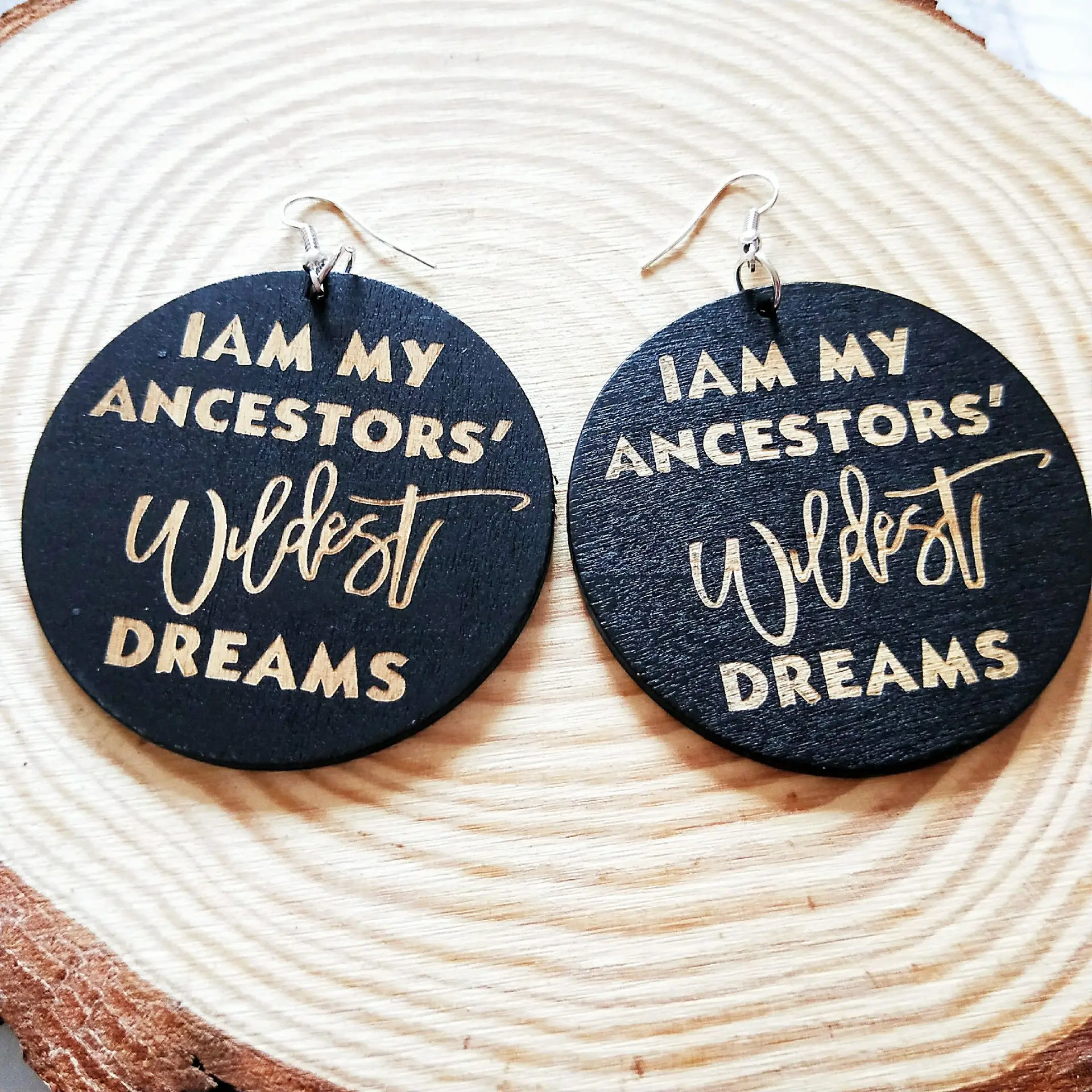 

Bohemia Afro Wood Printing "I AM MY ANCESTORS DREAM " Letters Earrings 6*6cm Round African Wooden Earring