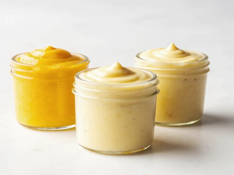 Three homemade mayonnaise variations in small jars