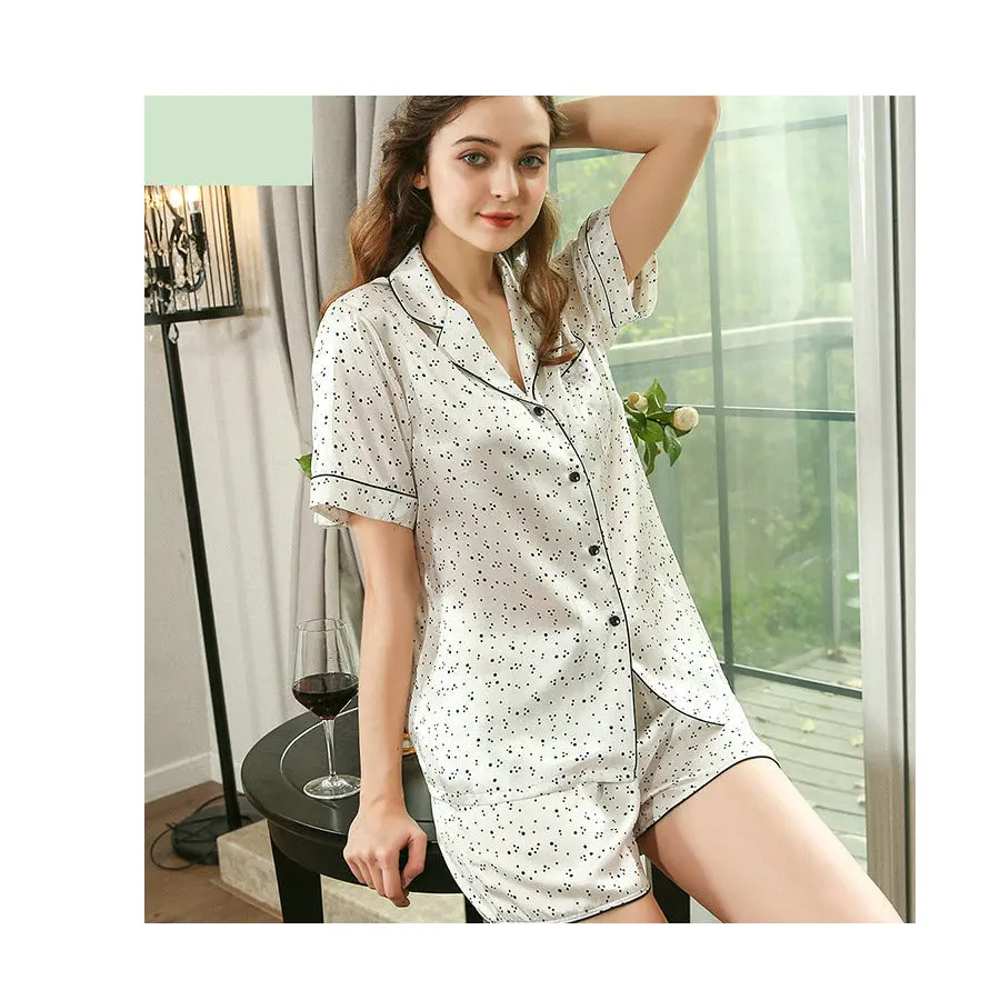 

19 m/m wholesale summer short sleeve print 100% silk satin pajamas and sleepwear sleep clothing, Shown