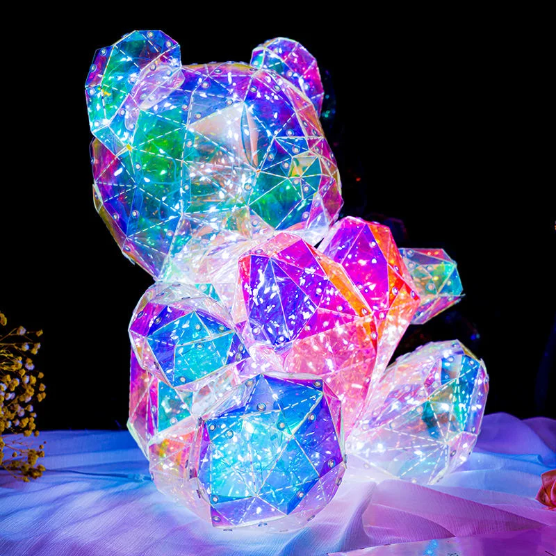 

New Product 2023 Valentines Day Gift 40CM LED Light Teddy Bear Birthday Decoration Holographic Film Pvc Colorful Bear