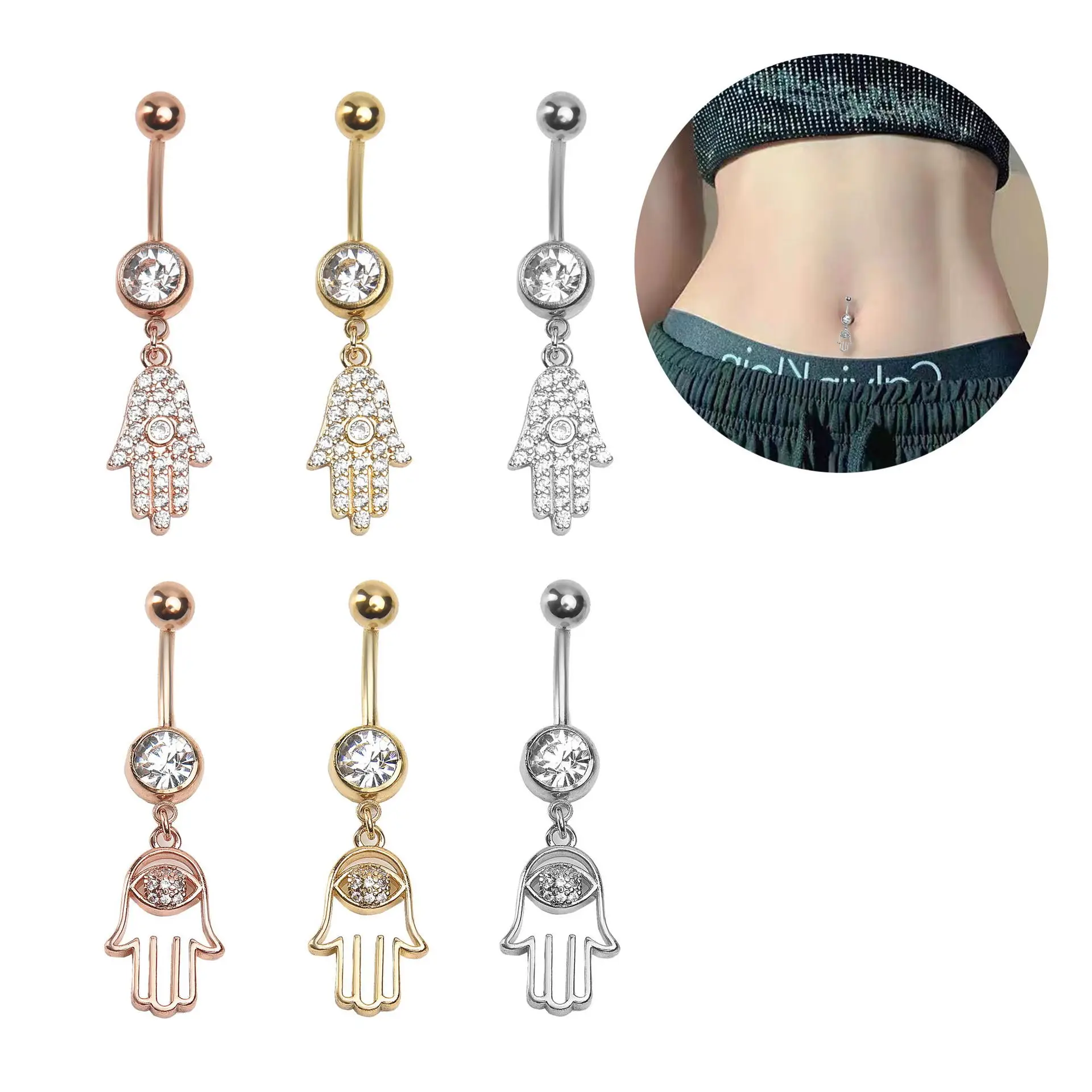 

NUORO Stainless Steel Fatima Hand Dangle Navel Piercing For Women Summer Beach Gift Hamsa Hand Dangling Belly Button Ring