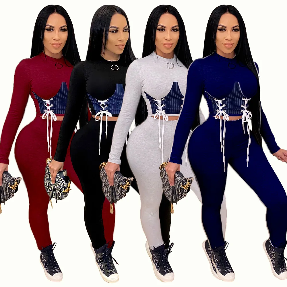

Trendy Two Piece Women Clothing 2021 Fashion Long Sleeve Women Corset Outfits Lace Up Top Pencil Pants Jumpsuit Tracksuit 2021, As picture