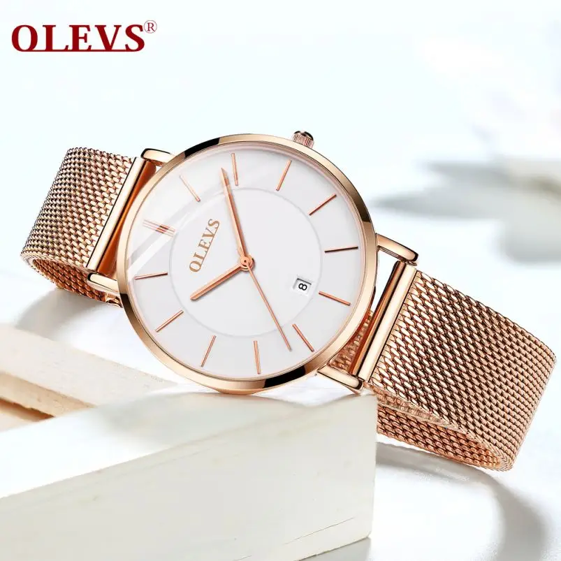 

OLEVS 5869 elegant rose gold womens quartz watch clear crystals big dial date display Simple Casual wrist watch