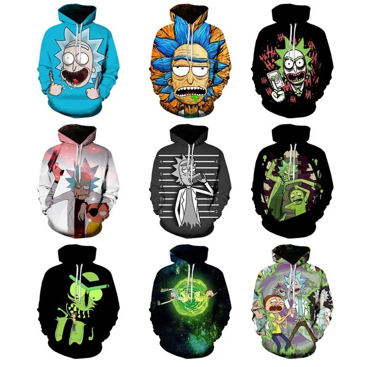 

Custom logo and custom printed hoodies for Rick Morty cartoon character hoodies 3D printed hoodies wholesale, 25 colors