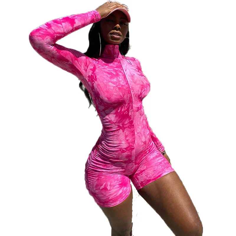 

wholesale Sexy tie dye Body shaping underwear women yoga fitness zipper up one piece bodycon shorts jumpsuit