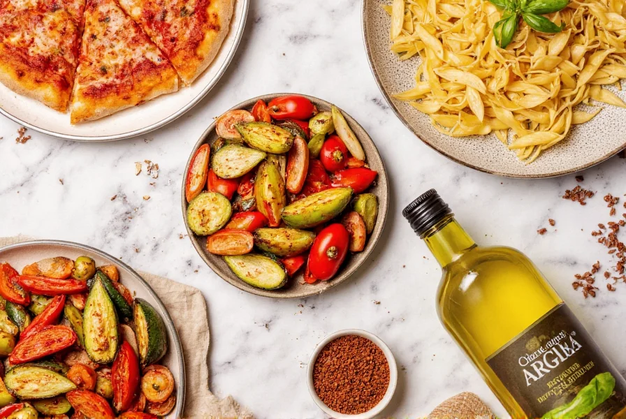 Various dishes seasoned with crushed red pepper including pizza, pasta, roasted vegetables, and olive oil