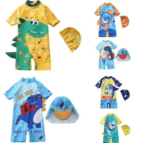 

2021 Summer Dinosaur UV Baby Bathing Suit Boy Kid One Piece Swimming Set Toddler Boy Swimsuits Baby Swimwear Children Swimsuit