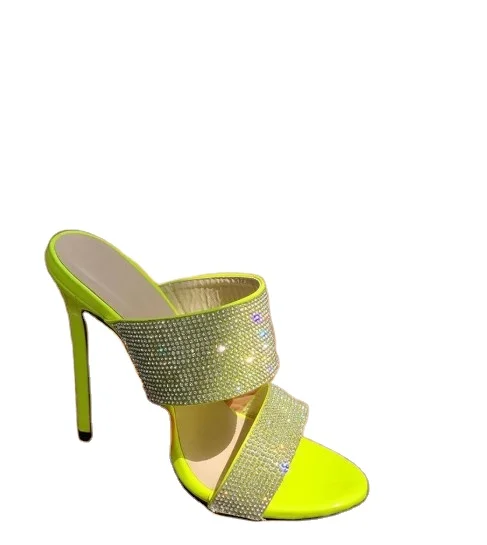 

European and American super high heel fluorescent yellow sandals sexy women's sandals thin heel diamond large fashion sandals, Picture