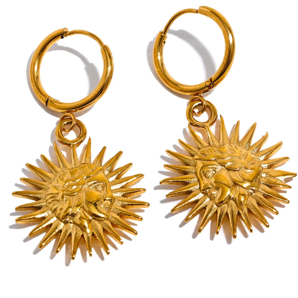 

JINYOU 754 Fashion Stainless Steel Sun Portrait Drop Hoop Earrings Statement 18K Gold Plated Waterproof Daily Jewelry Women Gift
