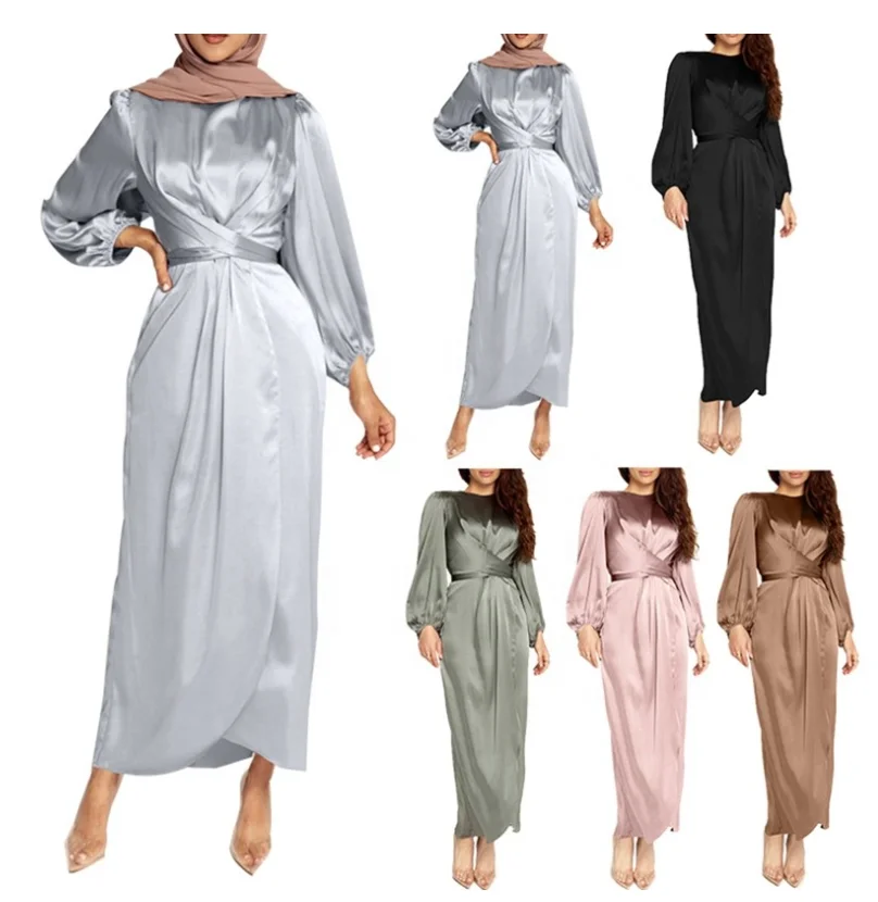 

2021 Women Arab Muslim Satin Puff Long Sleeve Dress Solid Color Wrap Front Abaya Dubai Turkey Hijab Robe ethnic clothing