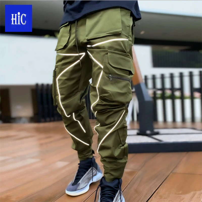 

HIC Wholesale 6 color men's trousers joggers reflective multi-pocket pencil pants Straight type of pants tapered sweatpants