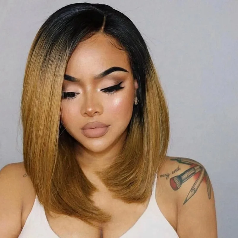 

Shy Hair New Design Honey Blonde Wig Ombre Lace Front Blunt Cut Bob Wigs With Transparent Lace For African American