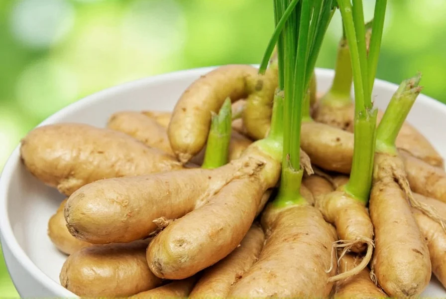 Fresh organic ginger rhizomes with visible growth buds on wooden table