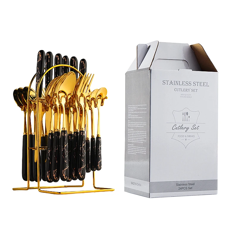 

Mirror polish Gold knife fork spoon tea spoon set ceramic handle flatware 24pcs