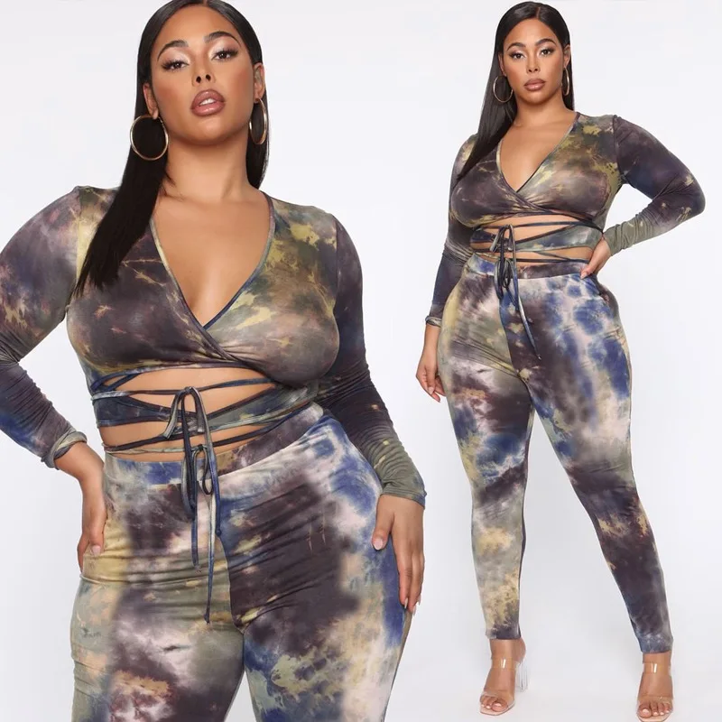 

2021 new arrivals summer fashion tie-dye printed sexy tight bind design long-sleeve plus size women casual daily two-piece suit, Picture