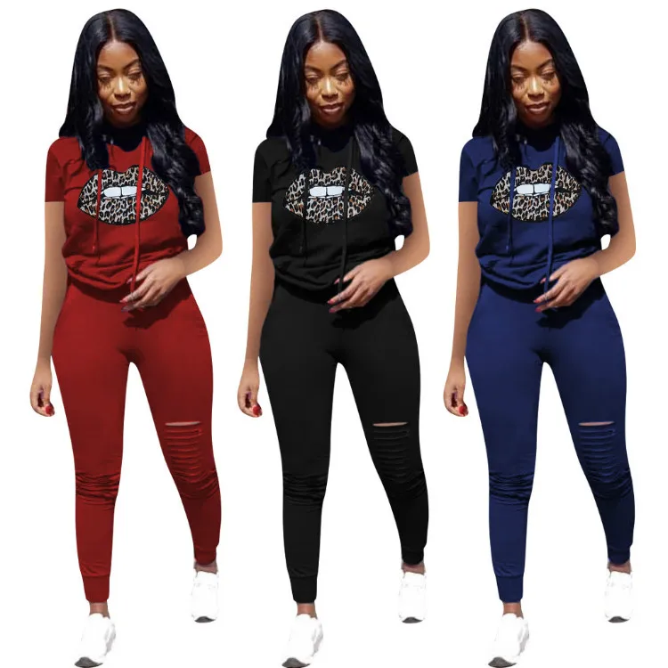 

Two Pieces Set Women Clothing Jogging Suit hooded Ripped Summer 2 Piece Set Women