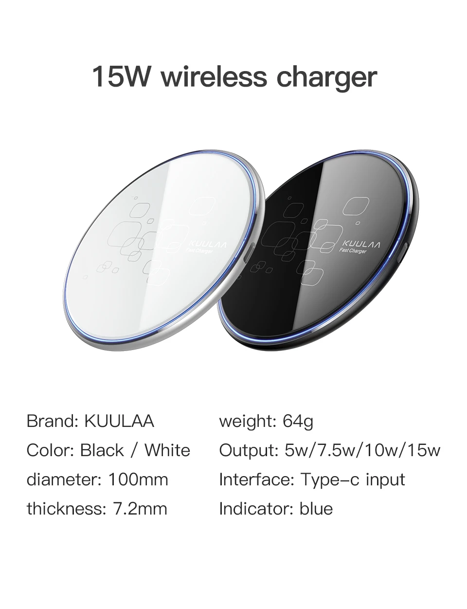  Wireless Charger,KUULAA Numerical Control Technology Fast  Mobile Phone Wireless Charger 15W Intelligent Sensing Charging  Pad,Lightweight and Portable,Black : Cell Phones & Accessories