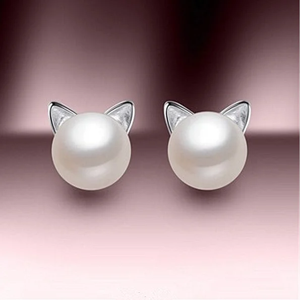 

Amazon hot sale high quality cupro nickel Silver Cat Natural Freshwater Pearl Women Stud Earrings