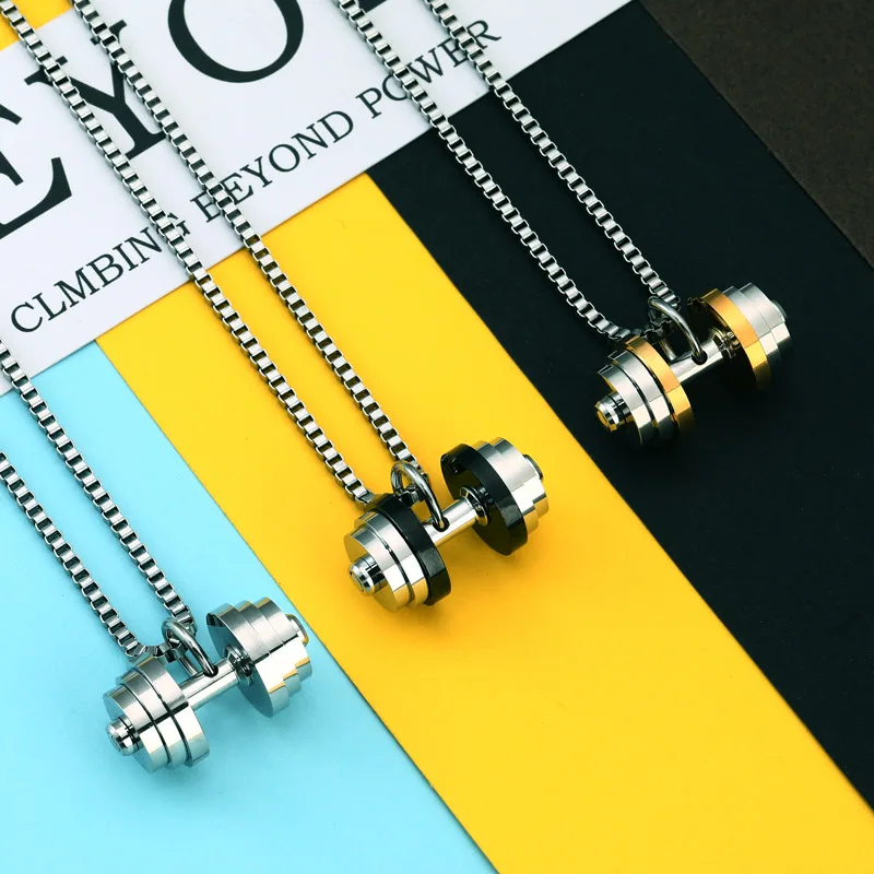 

European American Fashion Dumbbell Pendant Barbell Sports Fitness Accessories Man Woman Stainless Steel Barbell Necklace