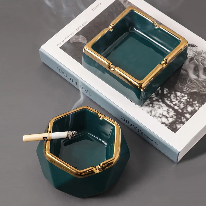 

Creative Green Geometric Gold Edge Ceramic Ashtray Office Home Ashtray, Picture