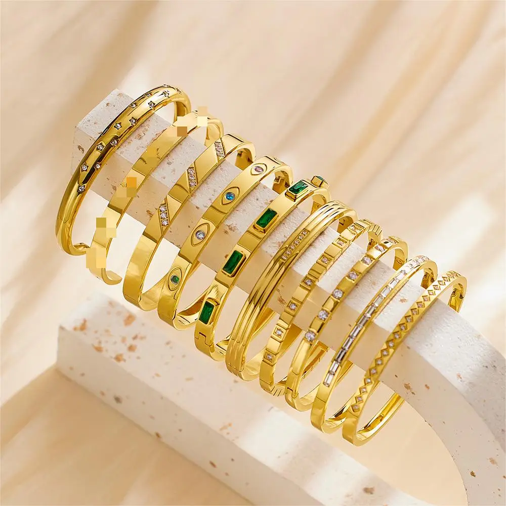 

High End 18K PVD Gold Plated Cuff Bangle Set Waterproof Stainless Steel Jewelry Zircon Bracelets & Bangles