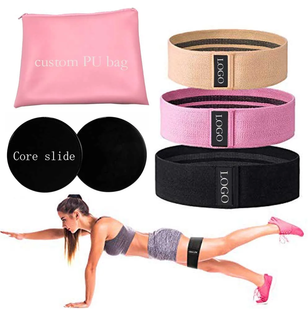 

Core Sliders And Peach Fabric Print Hip Circle Set Booty Band Custom Logo Resistance Bands 3 Sets, Customized color
