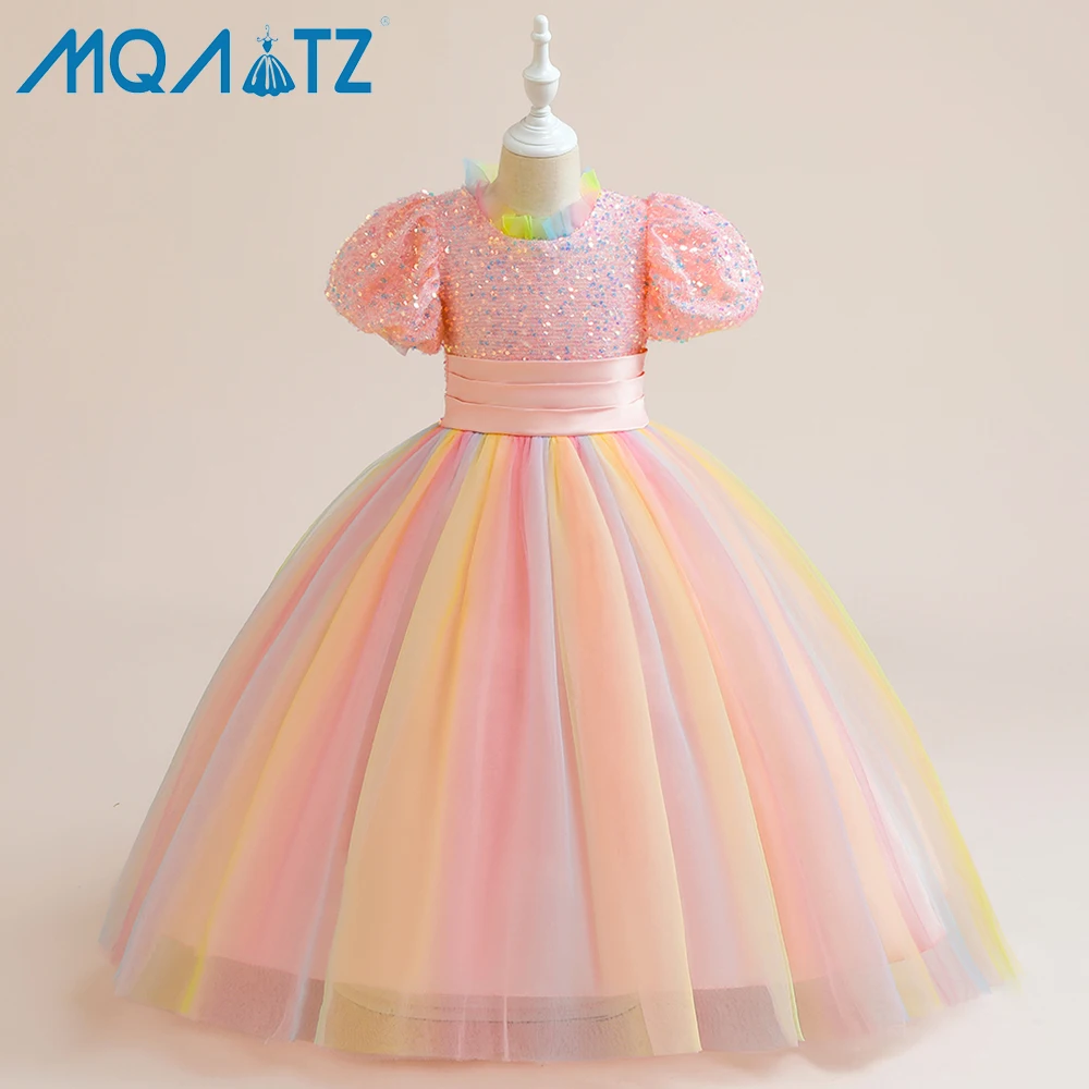 

MQATZ new trend pink short sleeve puffy party girl dress tulle elegant design frock 10-14 year wedding ball gown LP-370