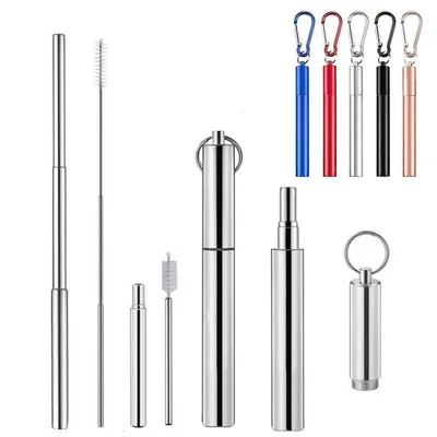 

Eco friendly collapsible metal retractable stainless steel drinking straw set with brush, Silver,gold,blue,red,black,rose gold