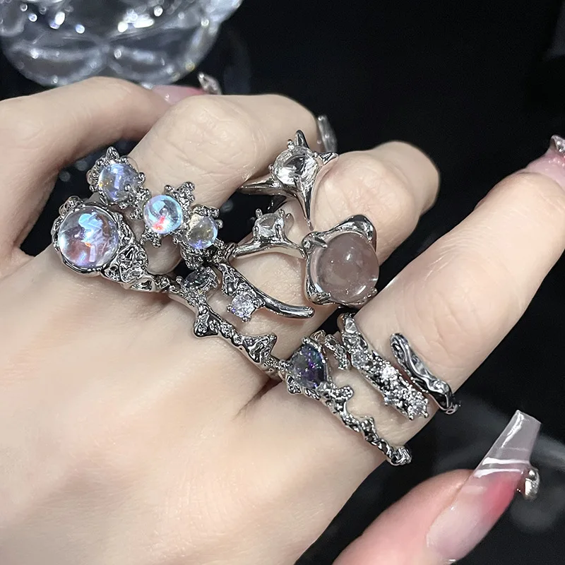 

Hot Selling Design Adjustable Color Irregular Moonstone Cubic Zirconia Rings Sets For Girls Jewelry