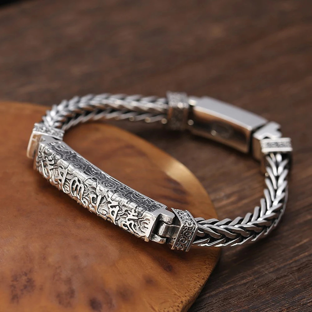 

Vintage Sterling Silver Hand-woven Twist Bracelet for Men 925 Sterling Silver Tibetan Six Words Mantra Amulet Bracelet Flowers